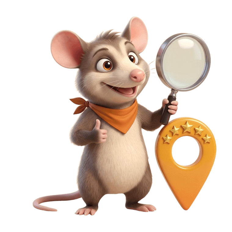 La mascotte Ti Manicou, loupe en main, cherche votre fiche en haut de Google
